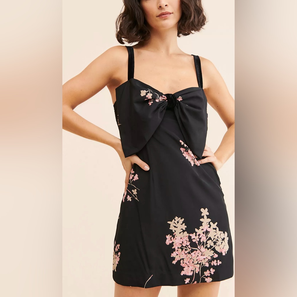 Free People Black Bow Tie Front Mini Dress With Pink Floral Accents